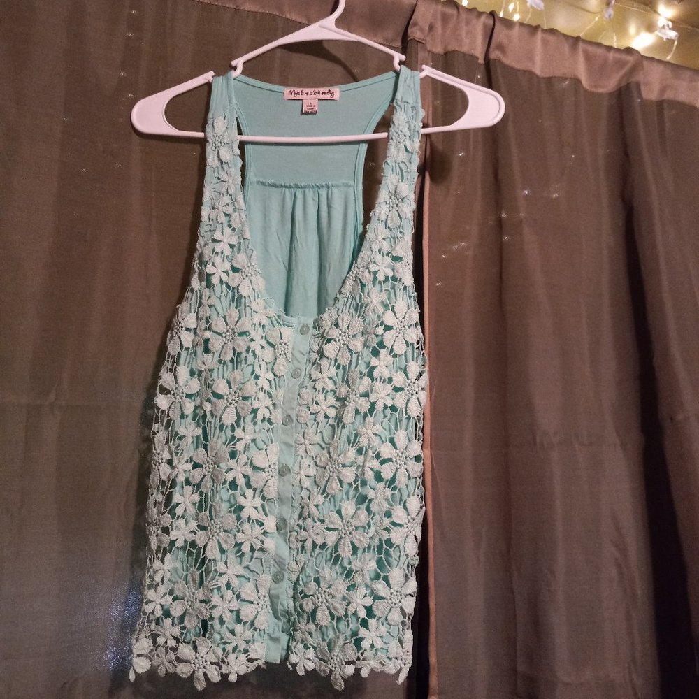 Teal Aqua Tank Top with Outer Front Lace Layer